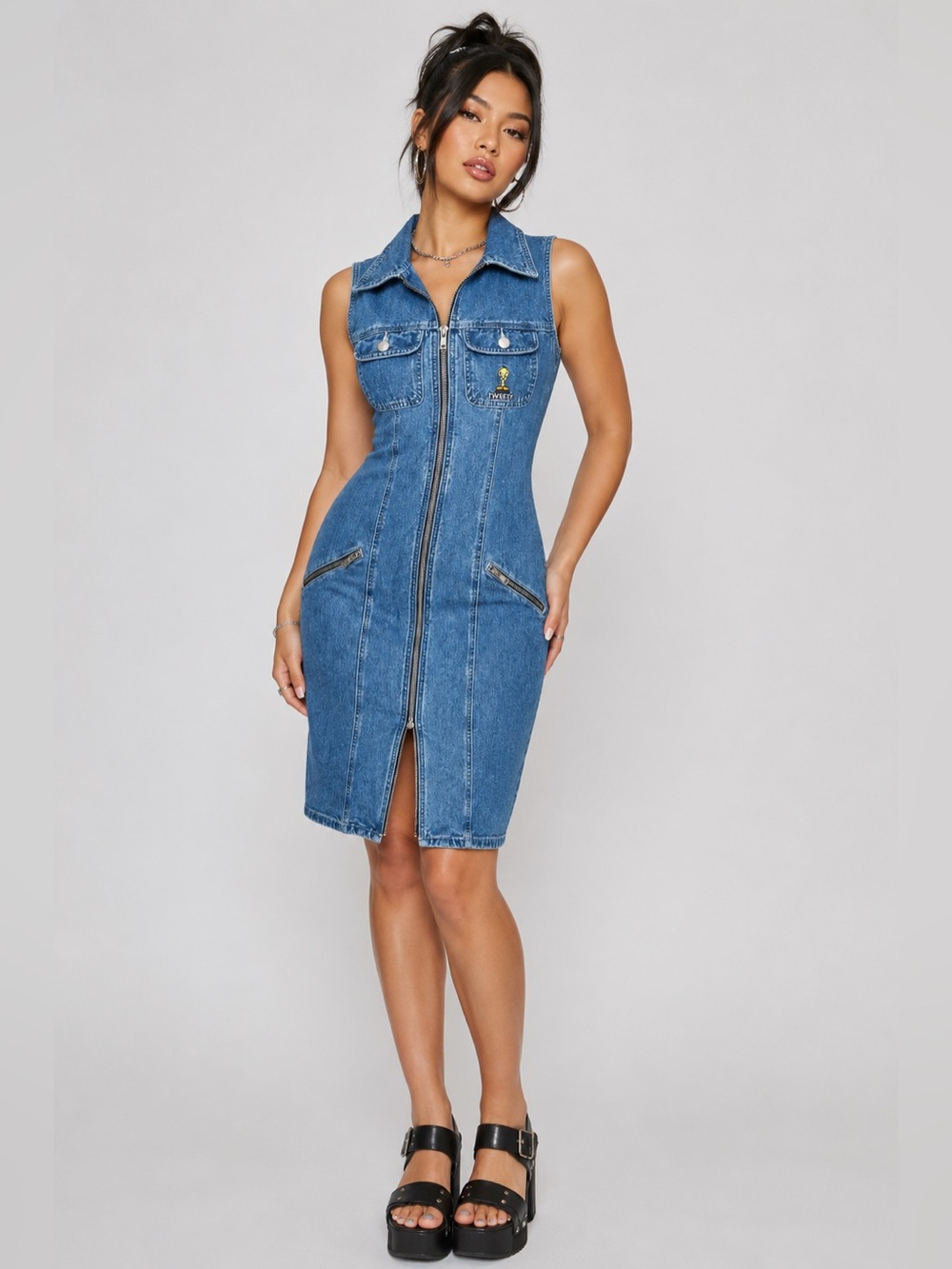 Vintage Y2K Zippered Denim Mini Dress Tweety Bird Embroidered 90s Baddie Kitschy